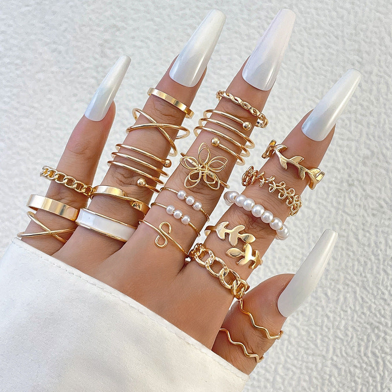Wholesale Fashionable and versatile leaf heart personality geometric ring set